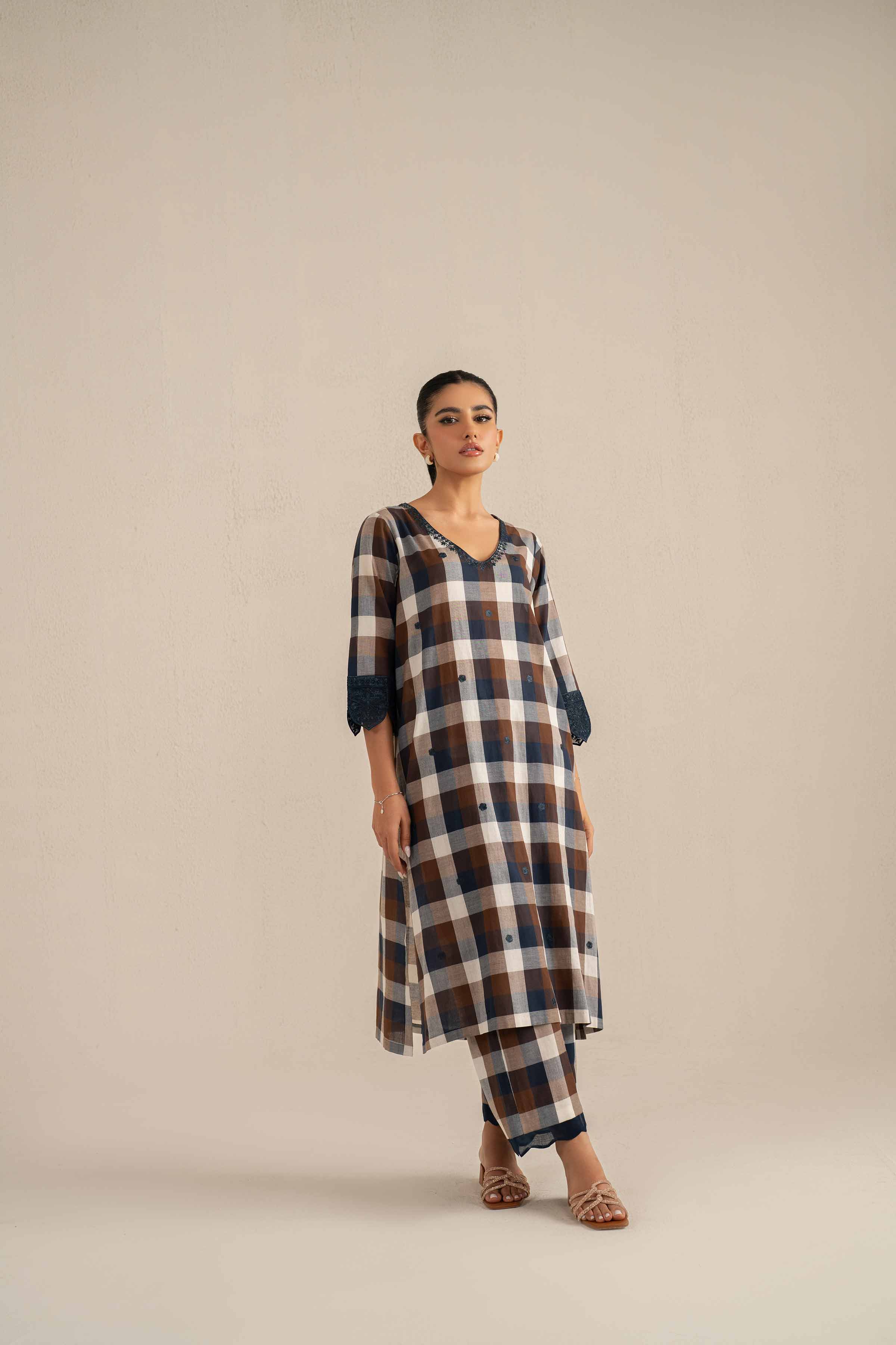 NishatUK - Brown Embroidered   Chambray Cotton 2-piece ready to wear Luxury Dress