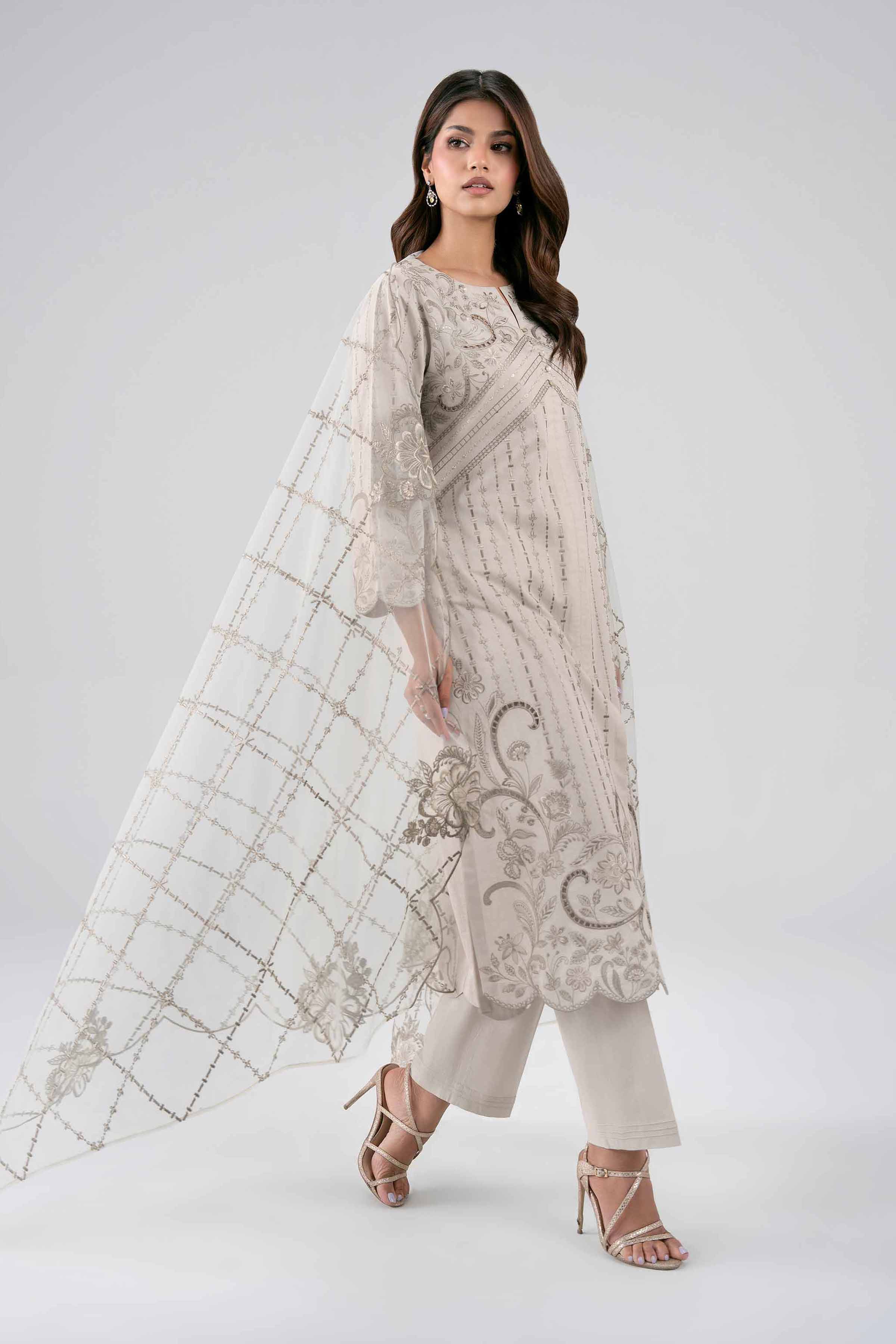 Nishat UK - Beige Embroidered cambric 3 Pieces ready to wear Suit