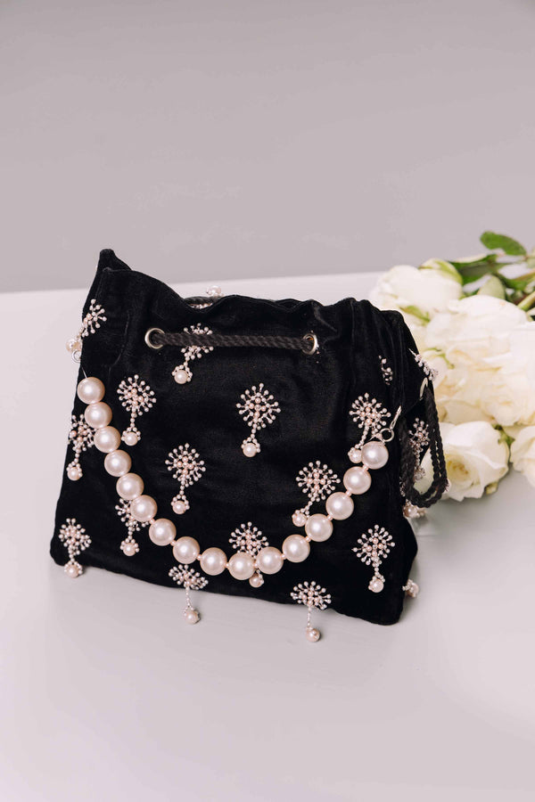 Embellished Chiffon & Velvet Black Pouch