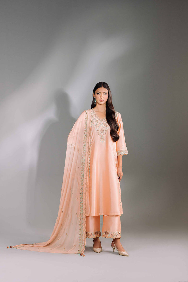 3 Piece Salmon Lakhani Chiffon & Bemberg Chiffon Embroidered Suit