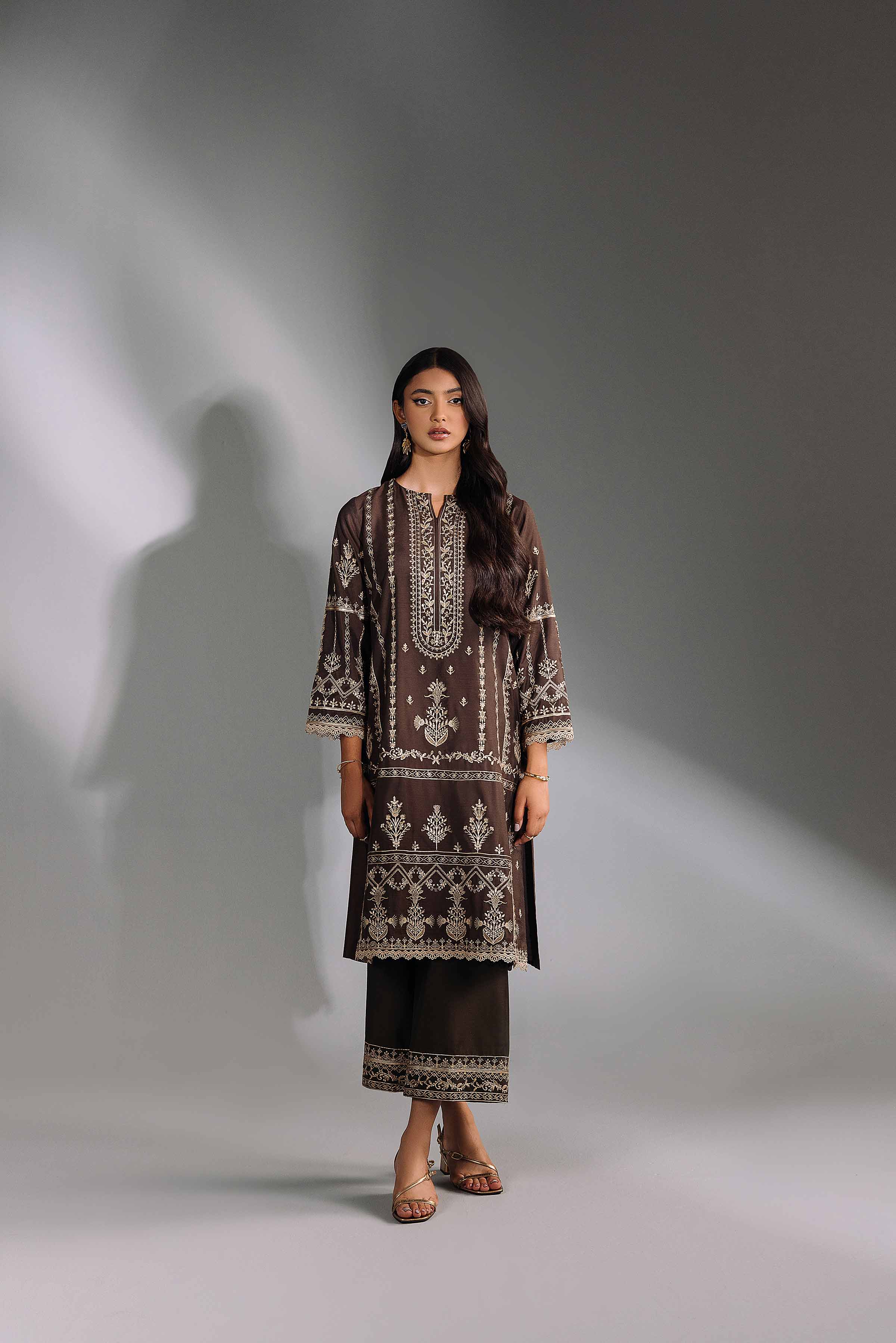 NishatUK - Brown Embroidered  Silk 2-piece ready to wear Luxury Dress