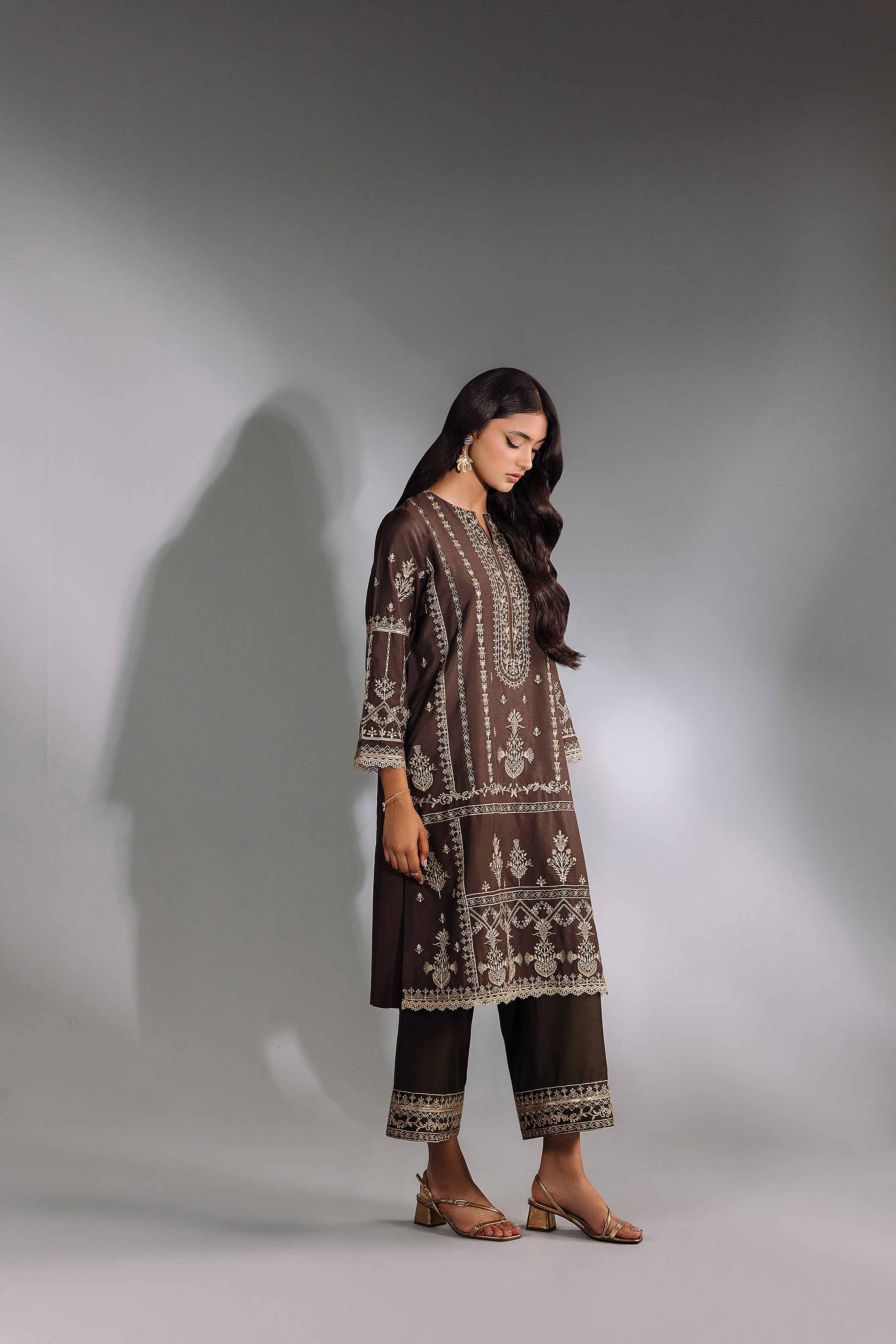NishatUK - Brown Embroidered  Silk 2-piece ready to wear Luxury Dress