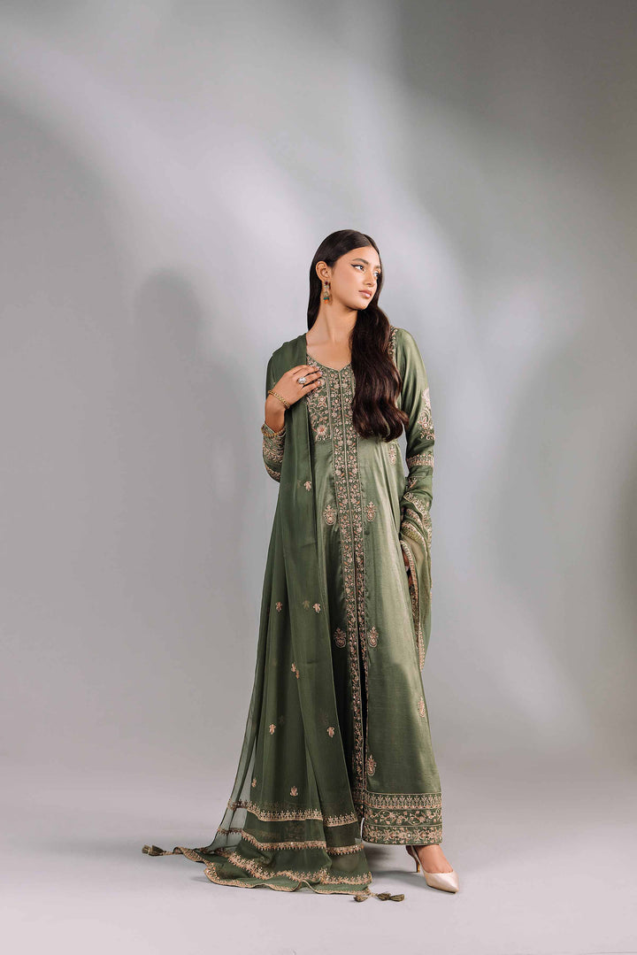 2 Piece Olive Green Bemberg Chiffon & Silk Embroidered Suit