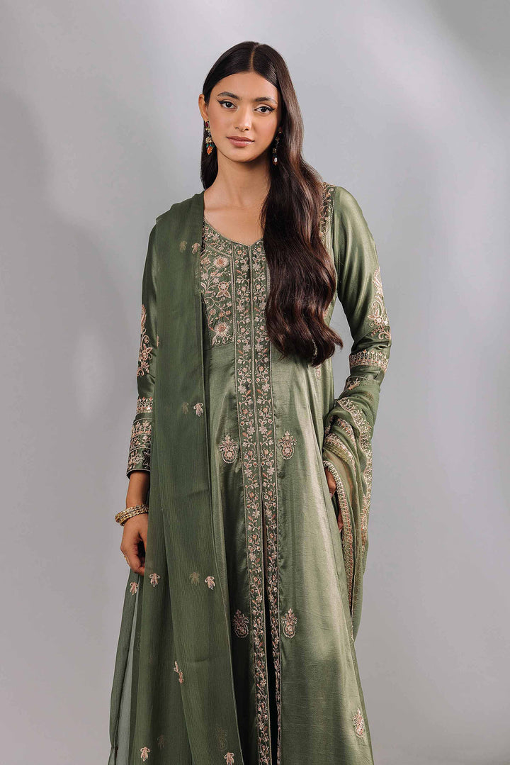 2 Piece Olive Green Bemberg Chiffon & Silk Embroidered Suit