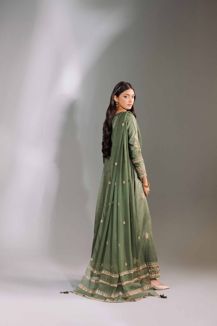 2 Piece Olive Green Bemberg Chiffon & Silk Embroidered Suit