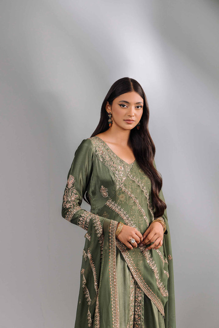 2 Piece Olive Green Bemberg Chiffon & Silk Embroidered Suit