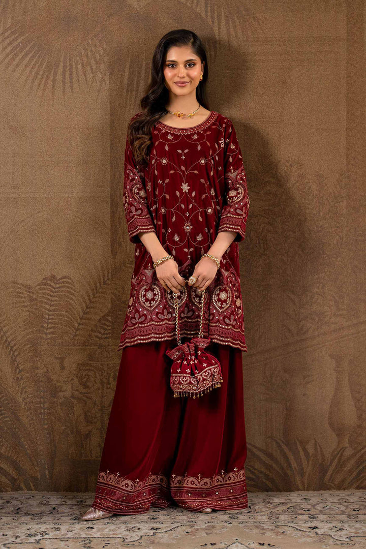 2 Piece Embroidered Velvet Winter Wine Suit