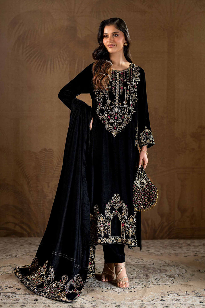 3 Piece Black Embroidered Velvet Suit