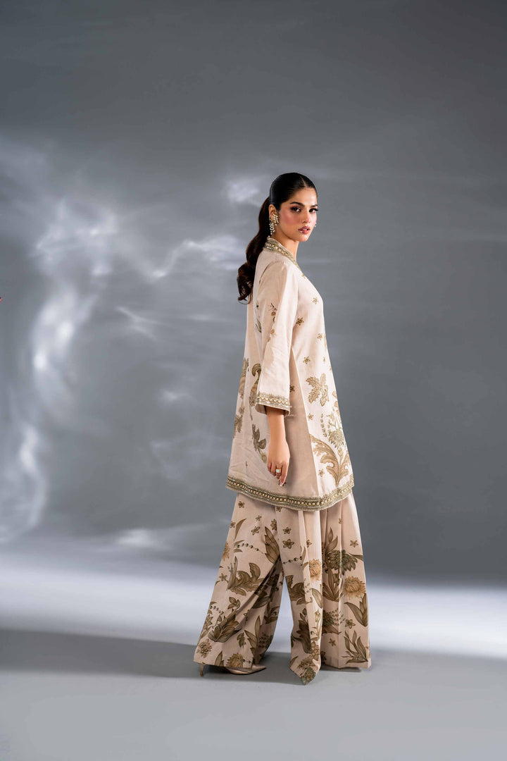 2 Piece Beige Satin Printed Embroidered Suit