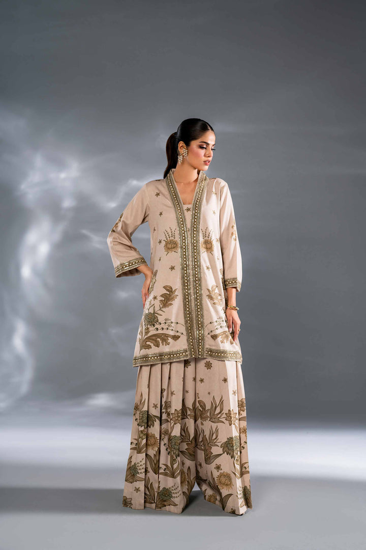 2 Piece Beige Satin Printed Embroidered Suit