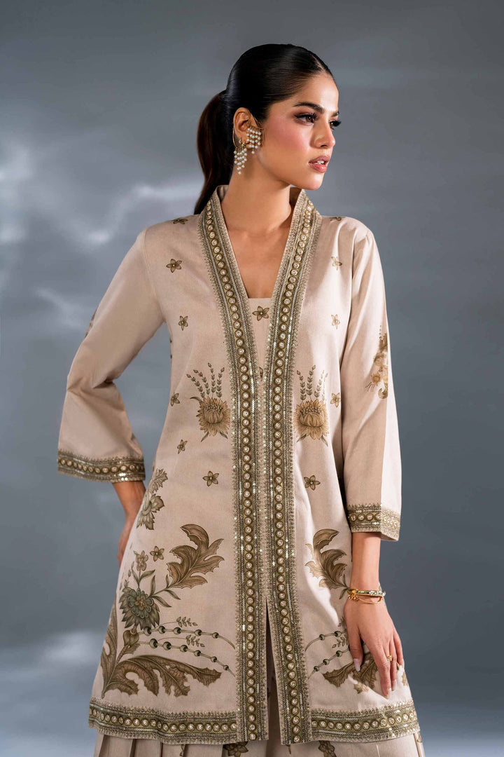 2 Piece Beige Satin Printed Embroidered Suit