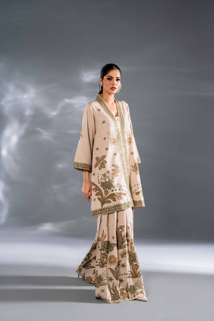 2 Piece Beige Satin Printed Embroidered Suit