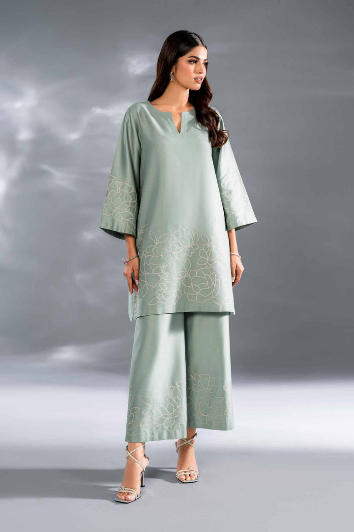 2 Piece Aqua Sateen Embroidered Suit