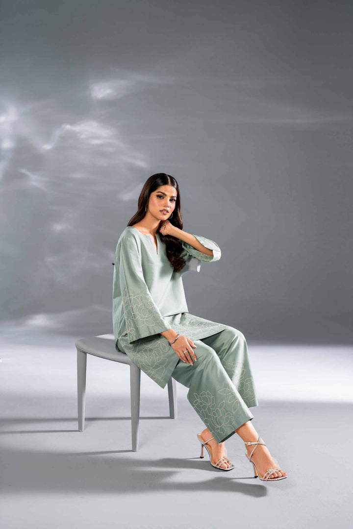 2 Piece Aqua Sateen Embroidered Suit