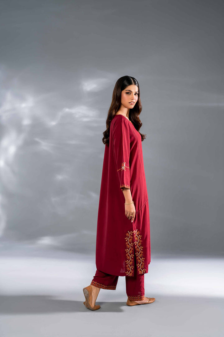 2 Piece Maroon Linen Printed Embroidered Suit