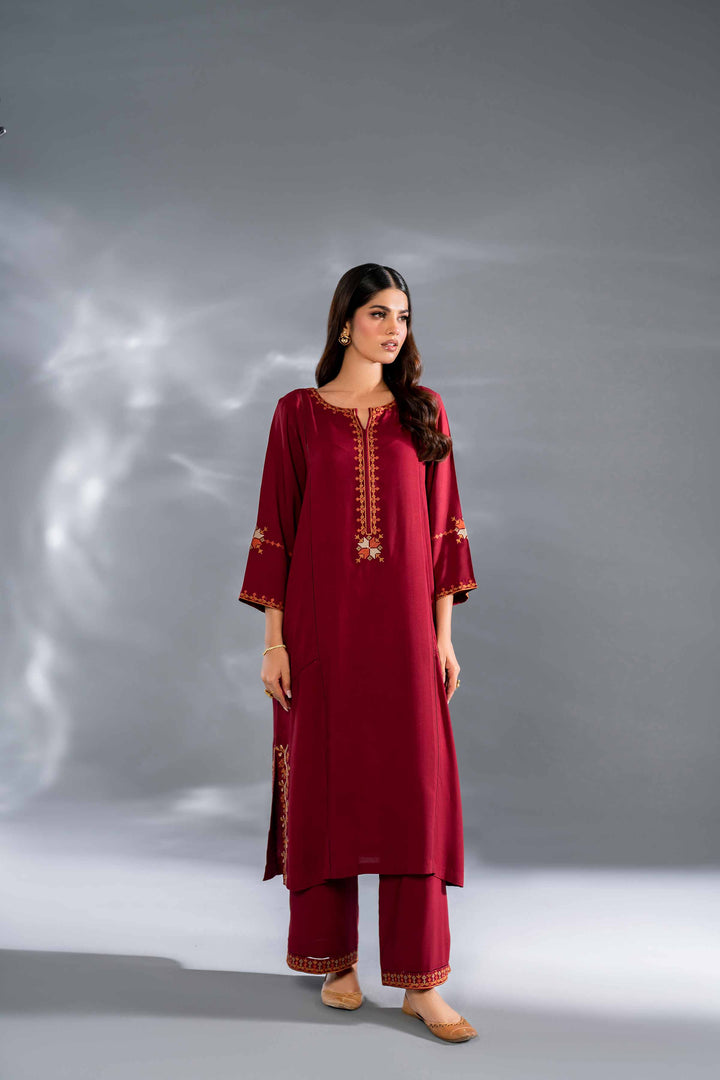 2 Piece Maroon Linen Printed Embroidered Suit