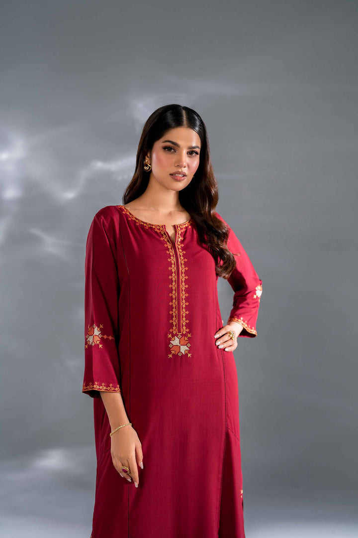 2 Piece Maroon Linen Printed Embroidered Suit