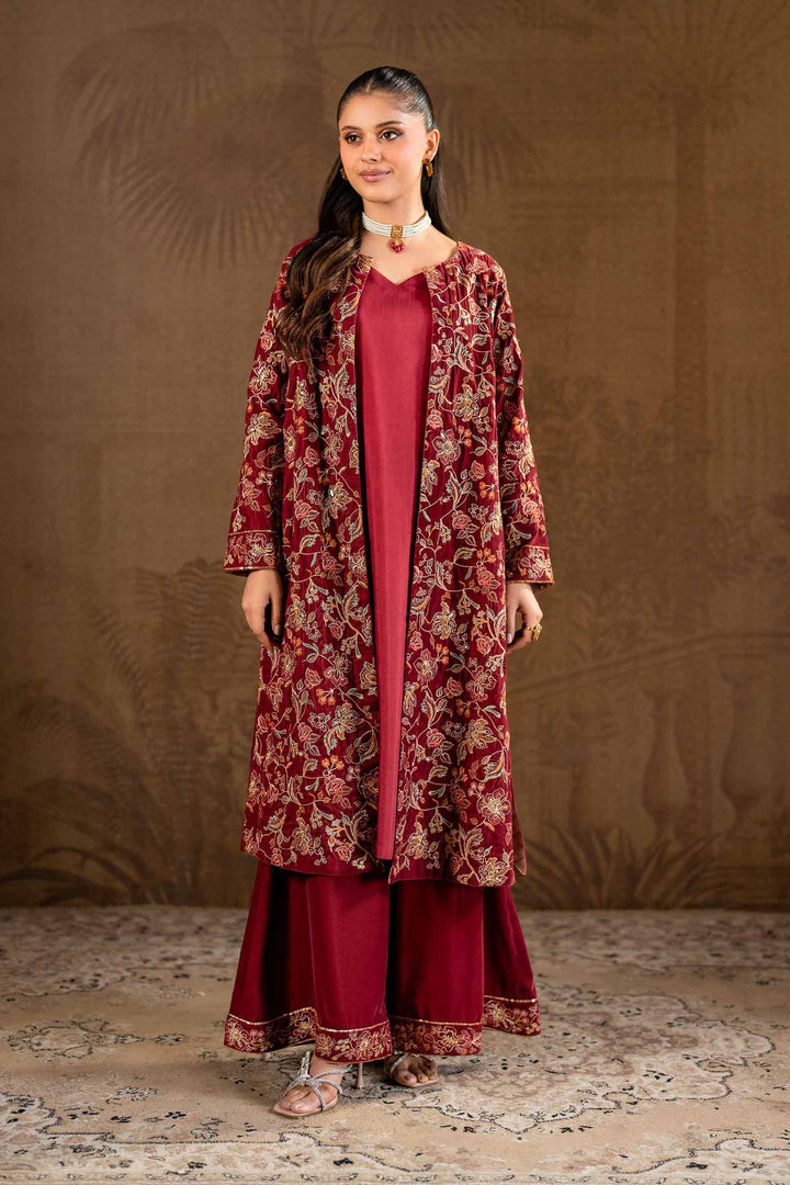 3 Piece Red Velvet & Chiffon Embroidered Suit