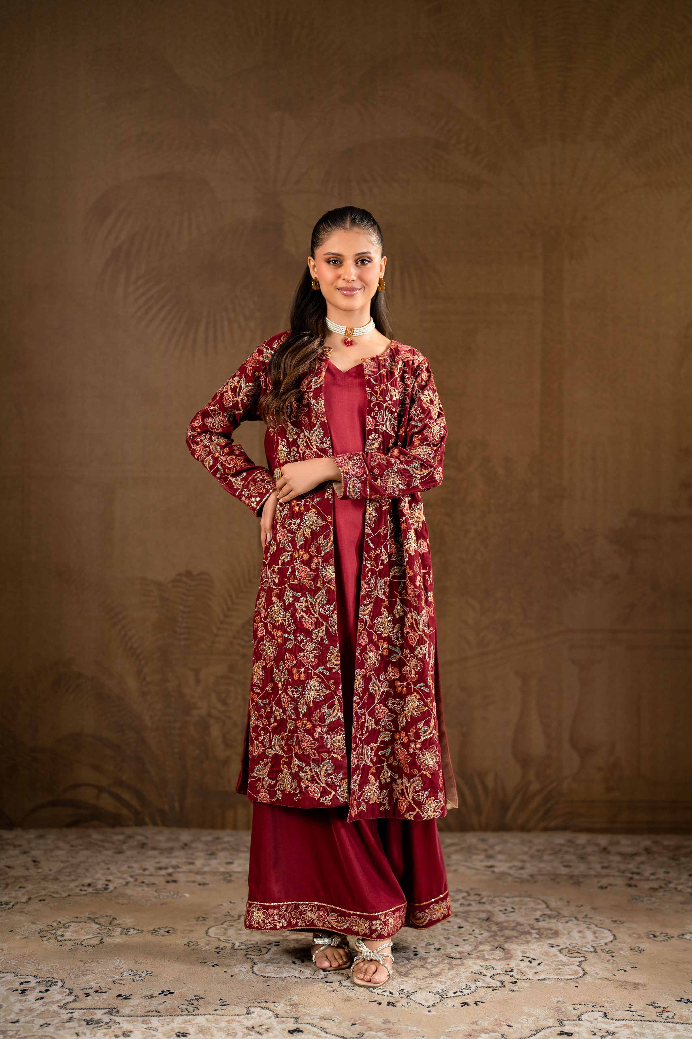 NishatUK - Brown Embroidered   Velvet 3-piece ready to wear Suit