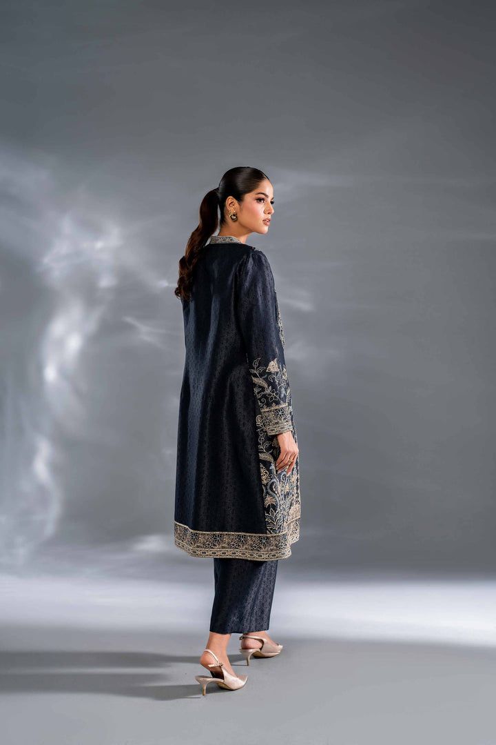 3 Piece Self Jacquard Navy Embroidered Suit