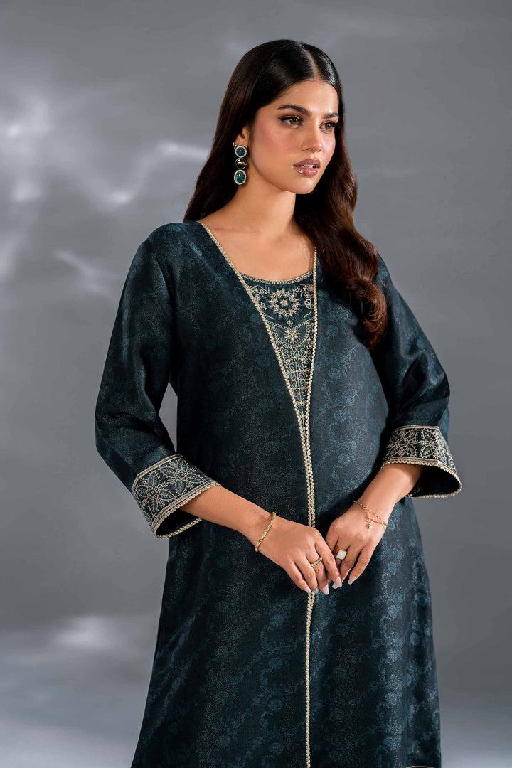 2 Piece Green Self Jacquard Embroidered Suit