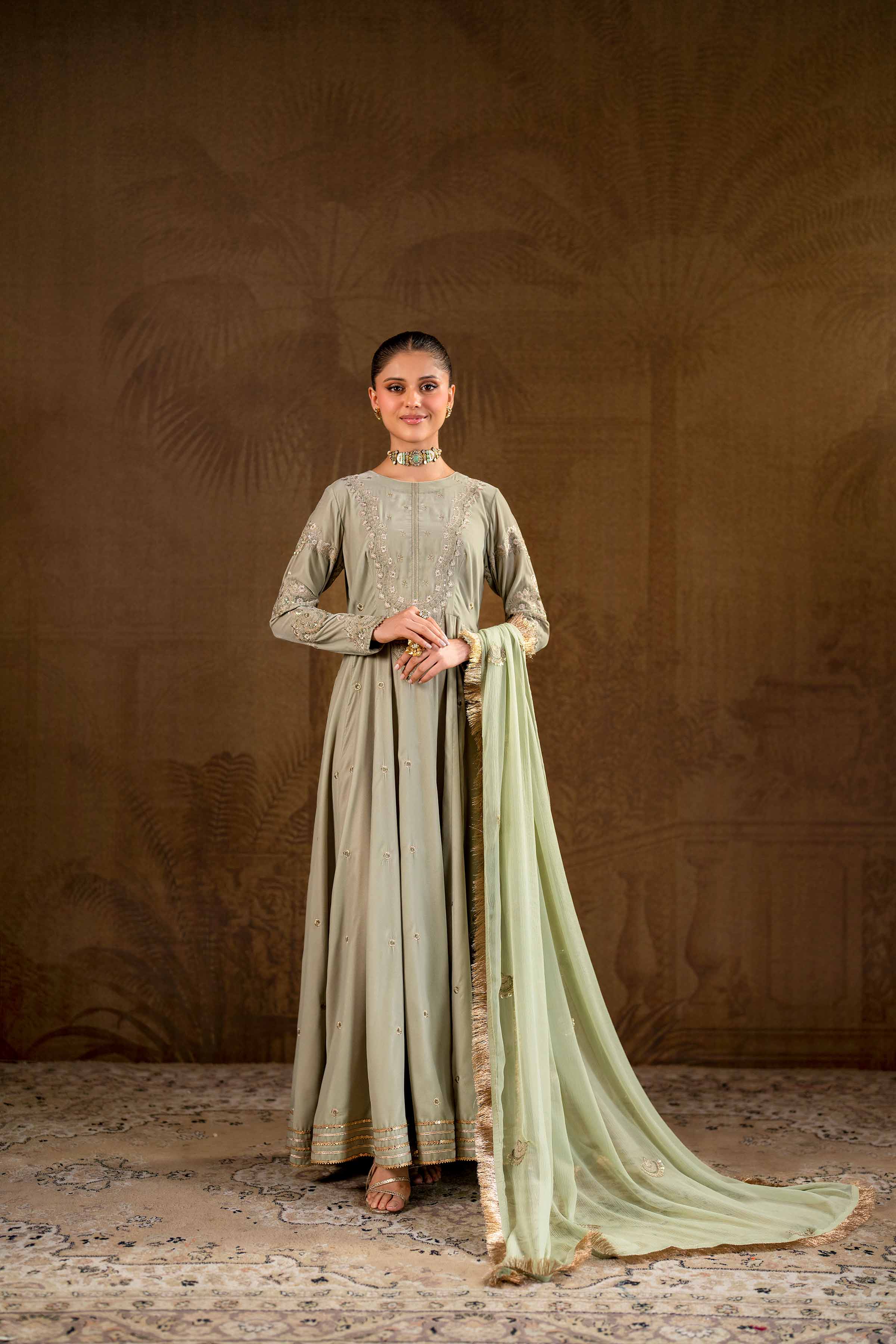 NishatUK - Brown Embroidered   Velvet 2-piece ready to wear Luxury Dress