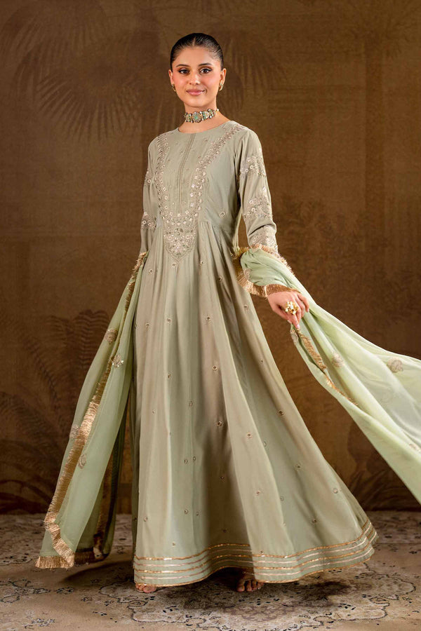 2 Piece Grey Bemberg Chiffon & Velvet Embroidered Suit