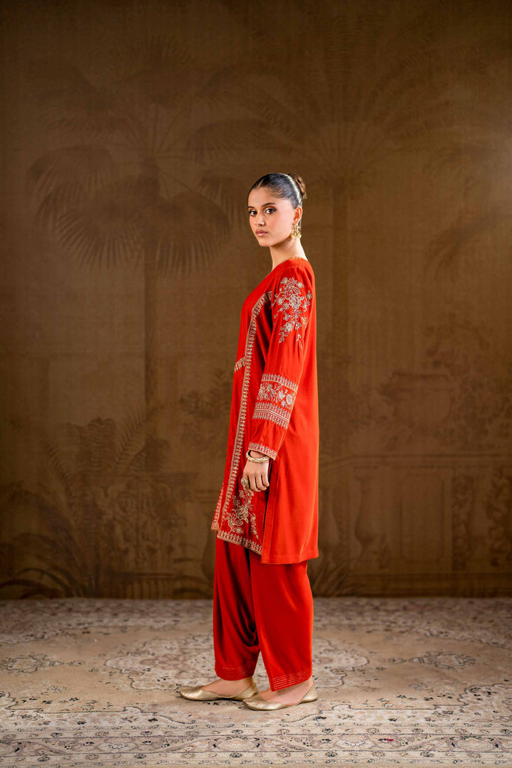 2 Piece Orange Velvet Embroidered Suit