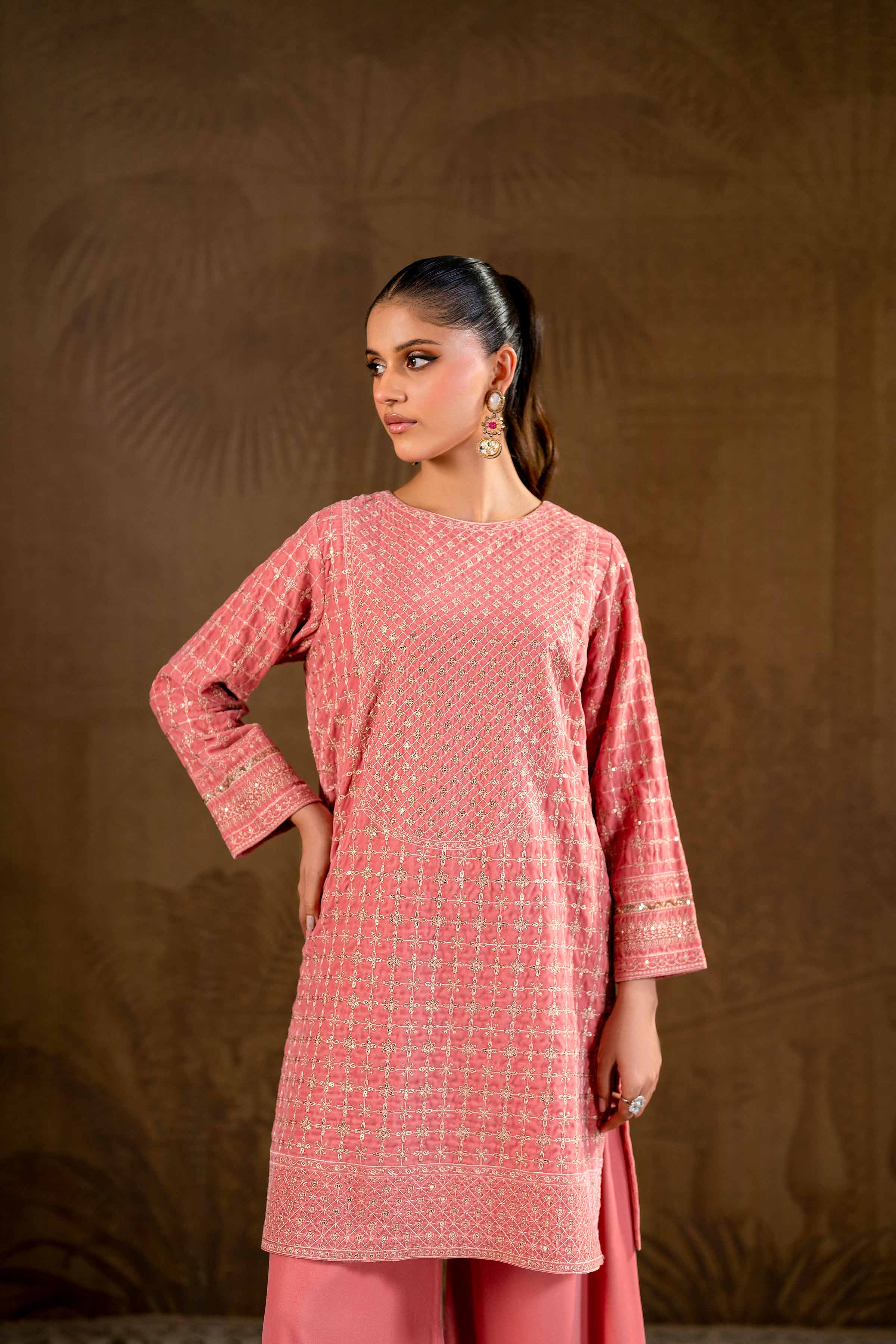 NishatUK - Brown Embroidered   Velvet 2-piece ready to wear Luxury Dress