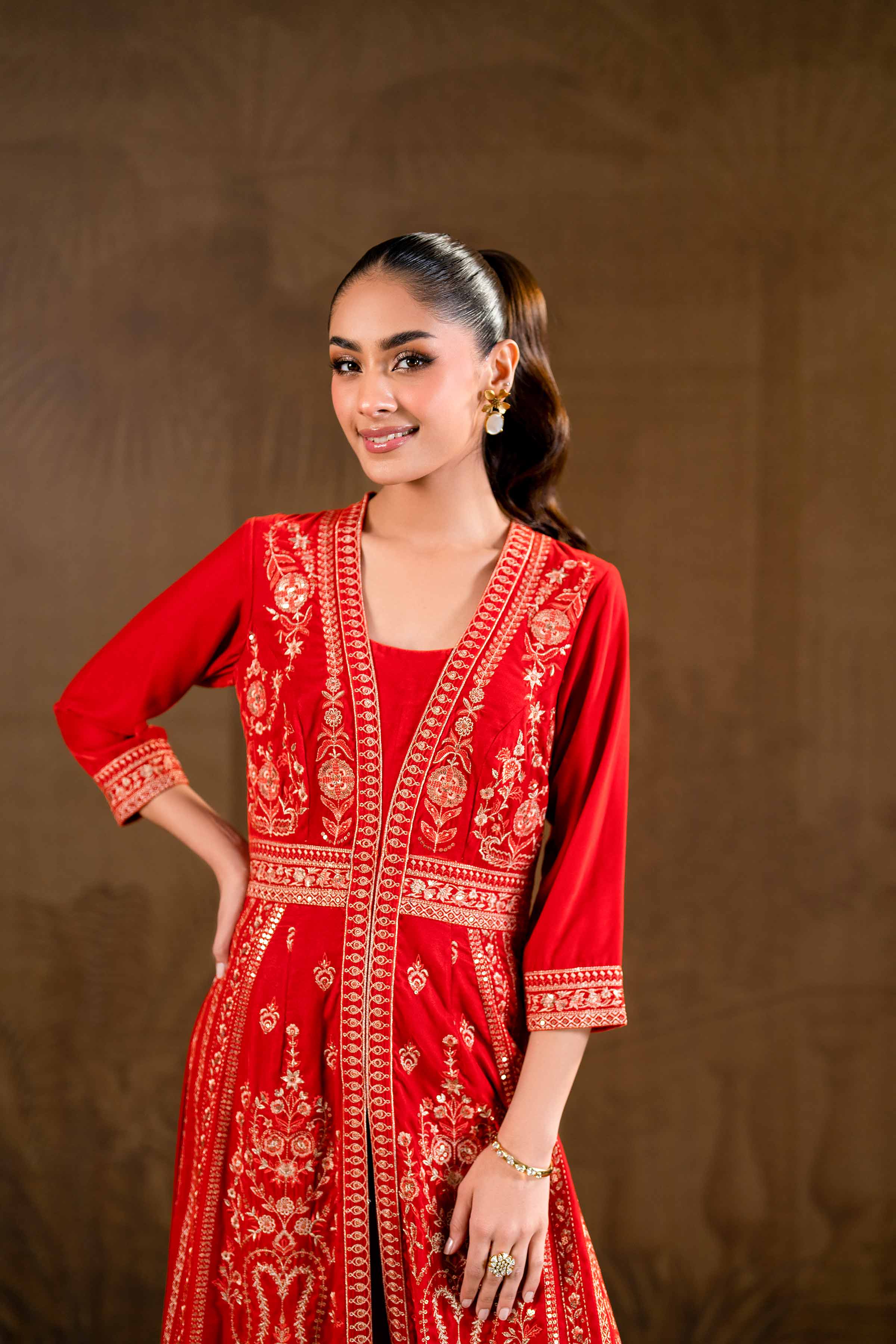 NishatUK - Brown Embroidered   Velvet 2-piece ready to wear Luxury Dress