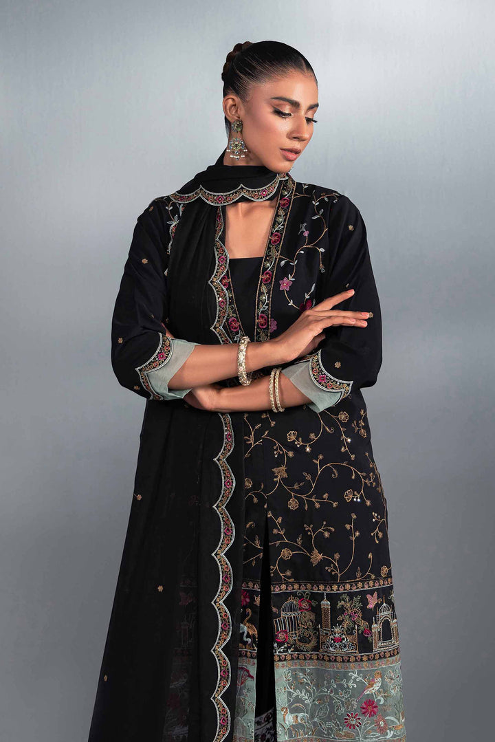 3 Piece Black Bemberg Chiffon & Silk Embroidered Suit