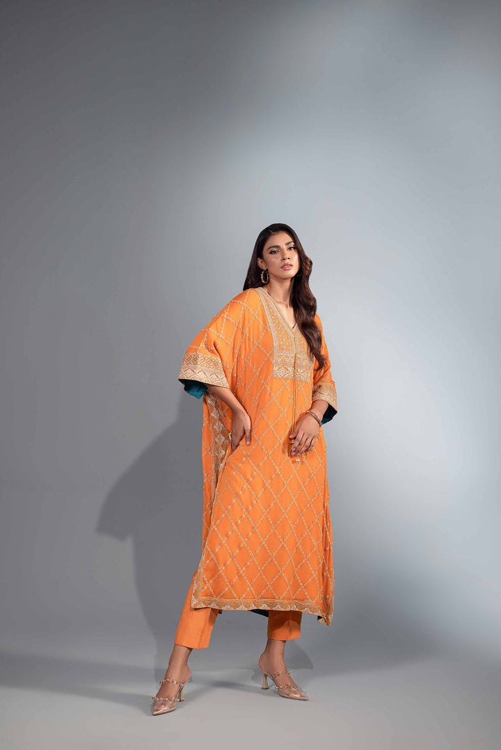 2 Piece Orange Chiffon & Silk Embroidered Suit