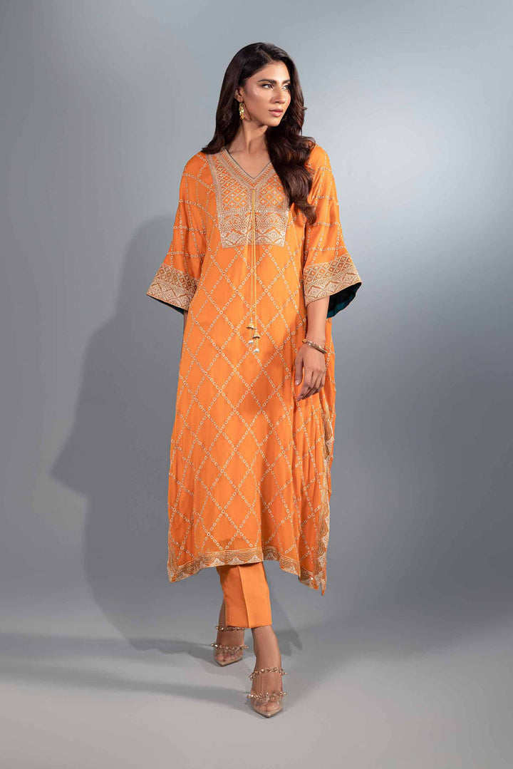 2 Piece Orange Chiffon & Silk Embroidered Suit