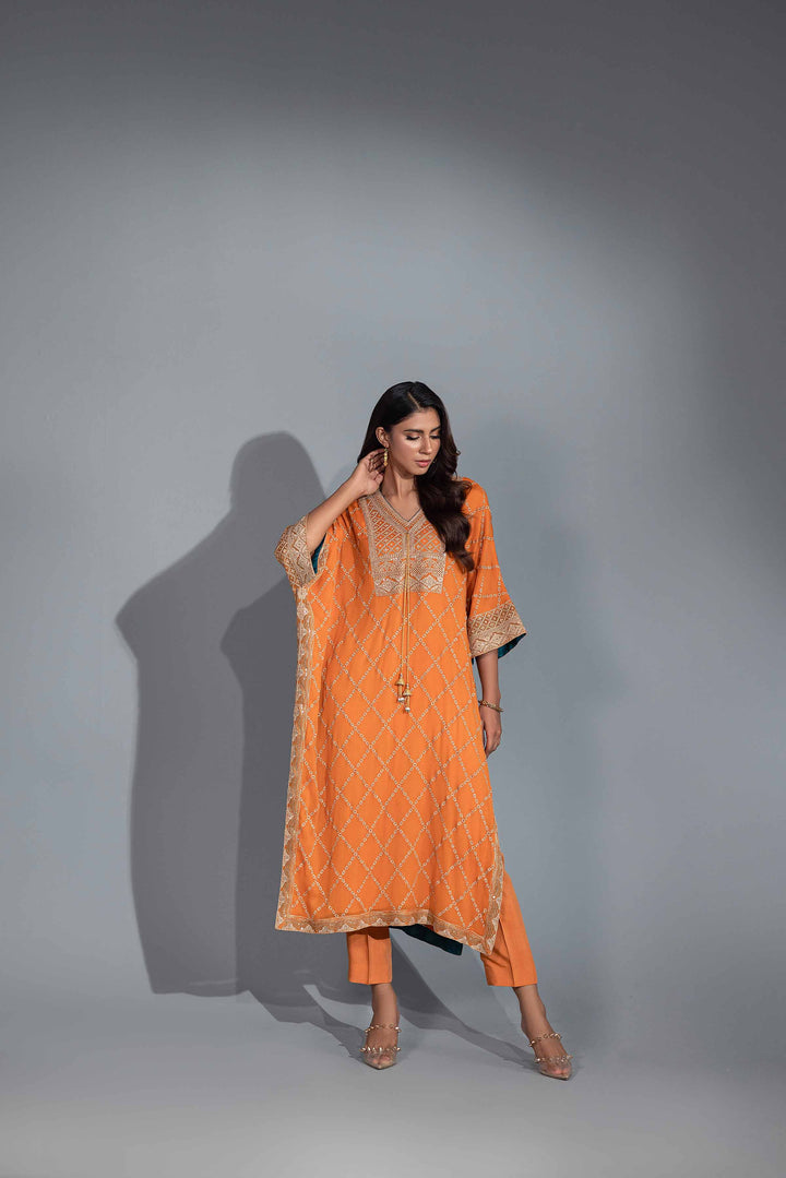 2 Piece Orange Chiffon & Silk Embroidered Suit