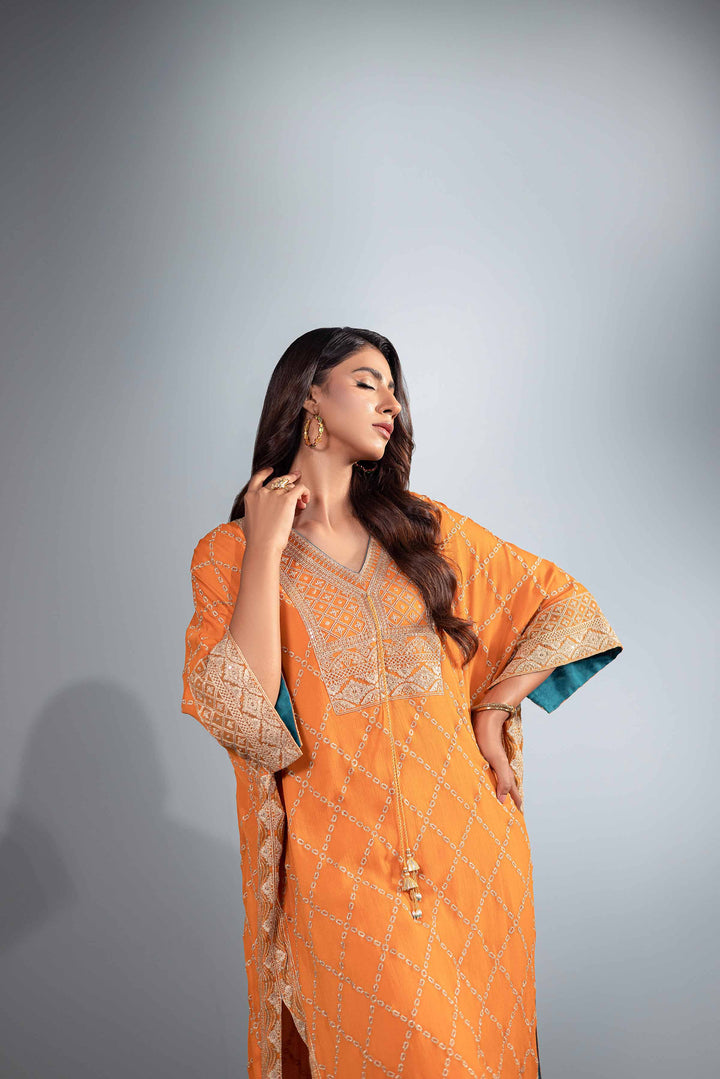 2 Piece Orange Chiffon & Silk Embroidered Suit