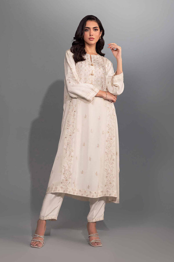 2 Piece Off White Silk & Lakhani Chiffon Embroidered Suit