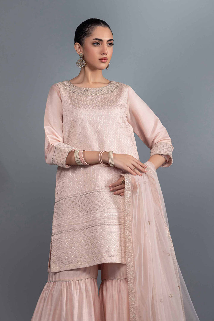 3 Piece Net & Chiffon Pink Embridered Suit