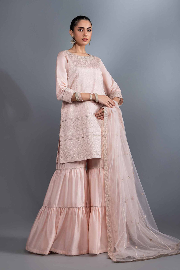 3 Piece Net & Chiffon Pink Embridered Suit