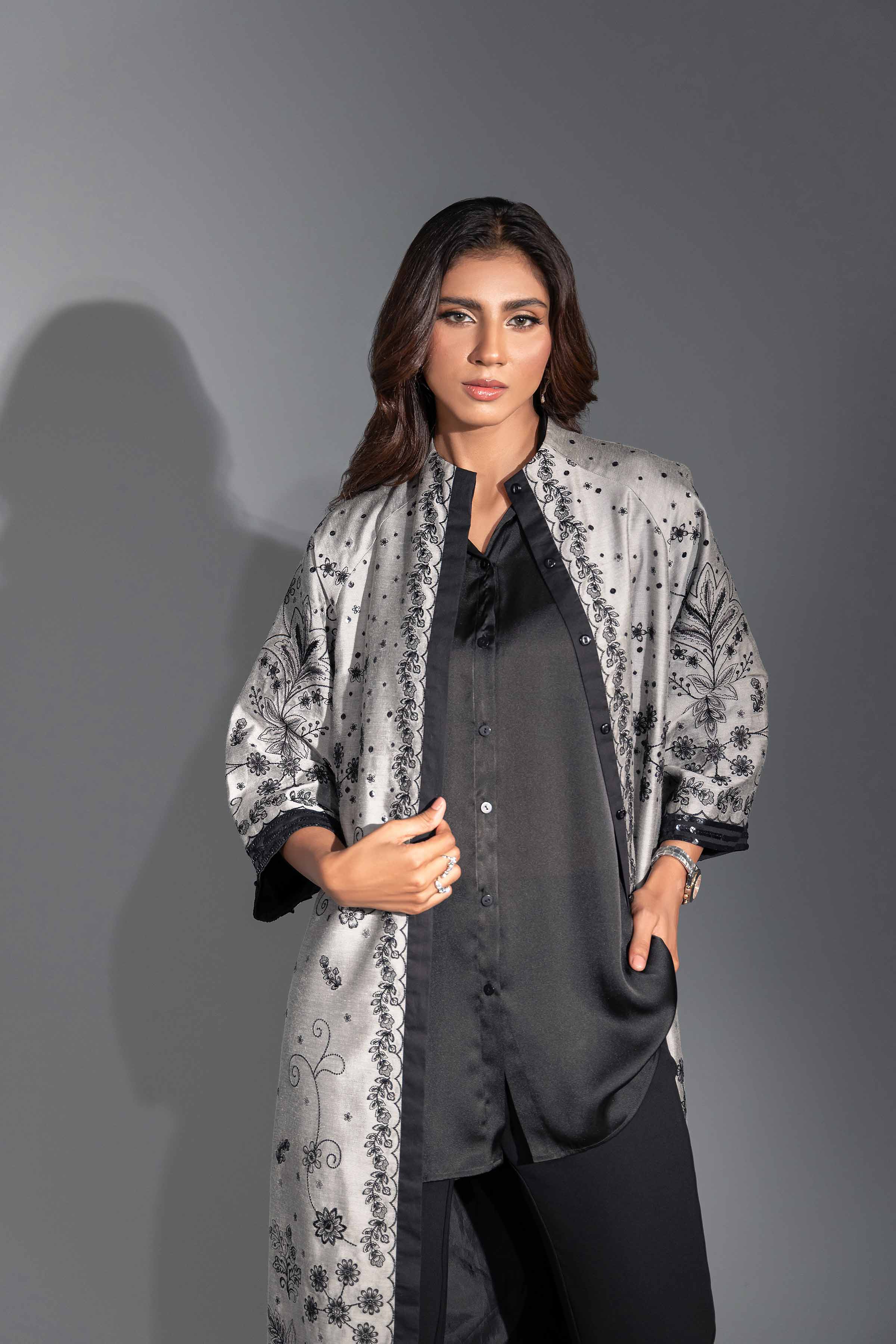 NishatUK - Brown Embroidered  Silk 1-piece ready to wear Jacket