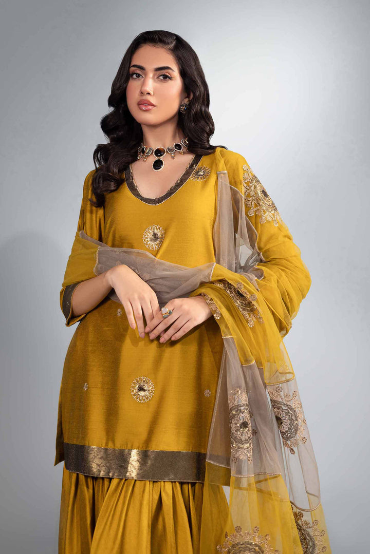 3 Piece Matka Silk & Net Mustard Embroidered Suit