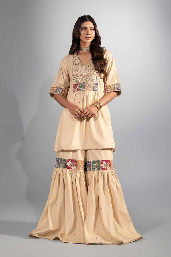 2 Piece Gold & Off White Matka Silk Embroidered Suit