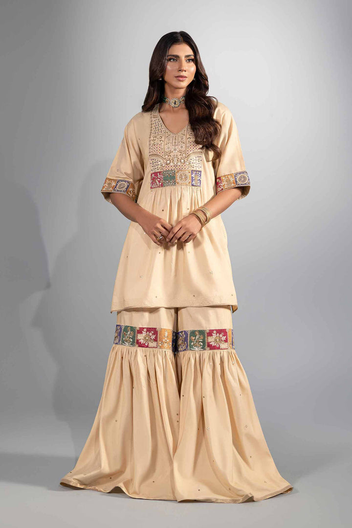 2 Piece Gold & Off White Matka Silk Embroidered Suit