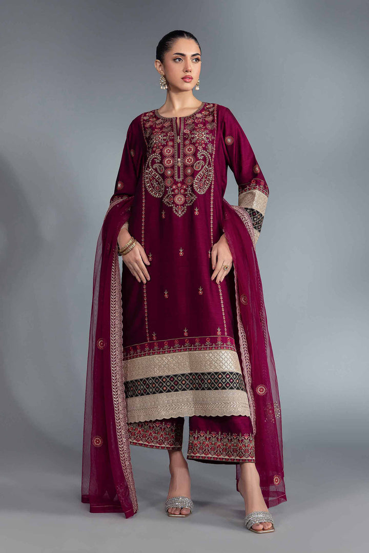 3 Garnet Net Silk & Lakhani Chiffon Embroidered Suit