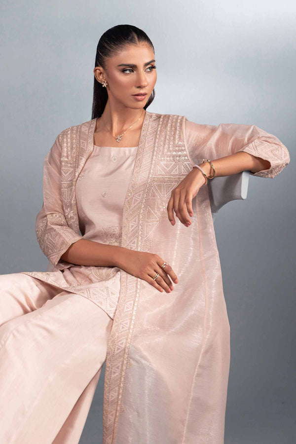 3 Piece Pink Silk & Viscose Embroidered Suit