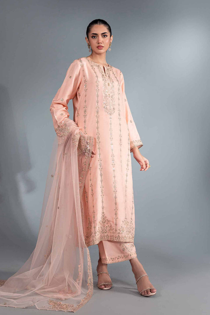 3 Piece Salmon Silk & Net Embroidered Suit