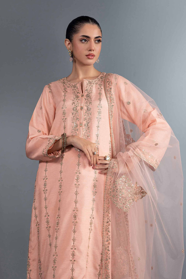 3 Piece Salmon Silk & Net Embroidered Suit