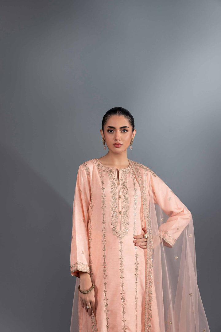 3 Piece Salmon Silk & Net Embroidered Suit