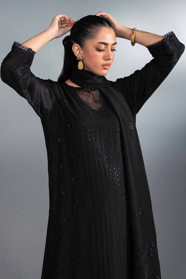 3 Piece Black Chiffon & Silk Embroidered Suit