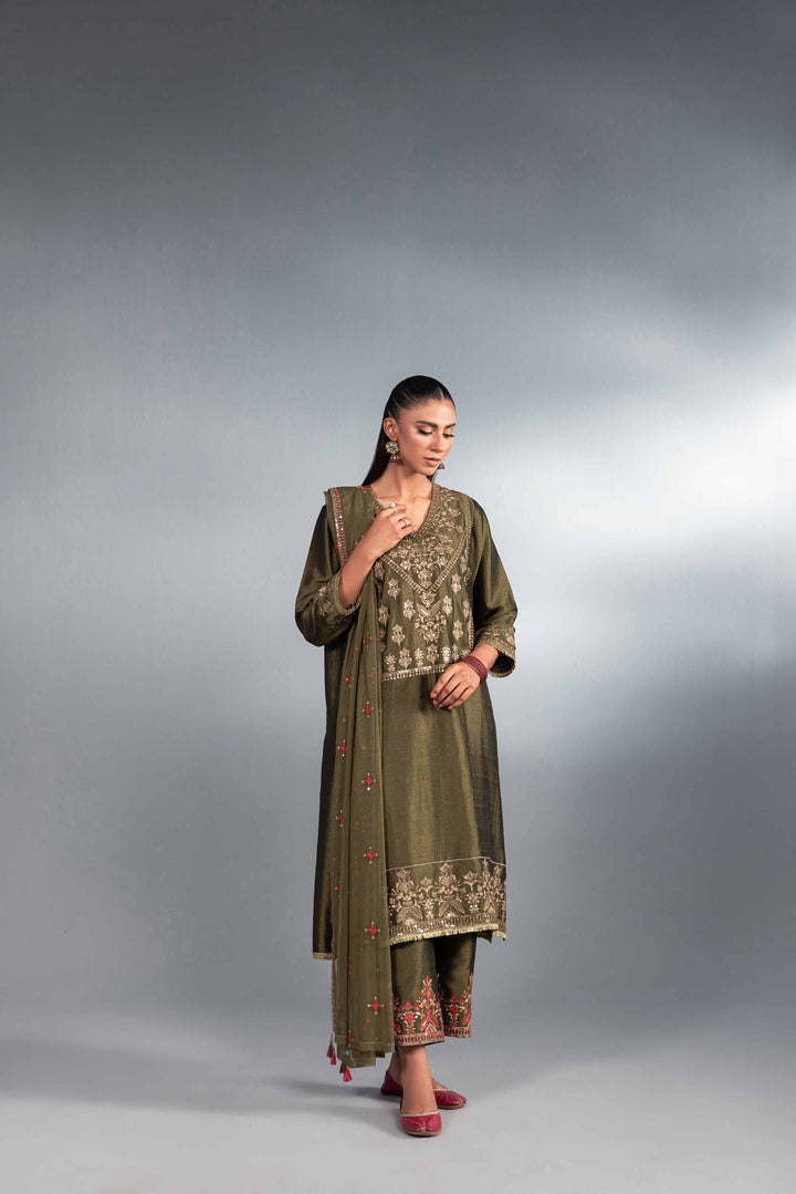 3 Piece Green Net & Silk Embroidered Suit