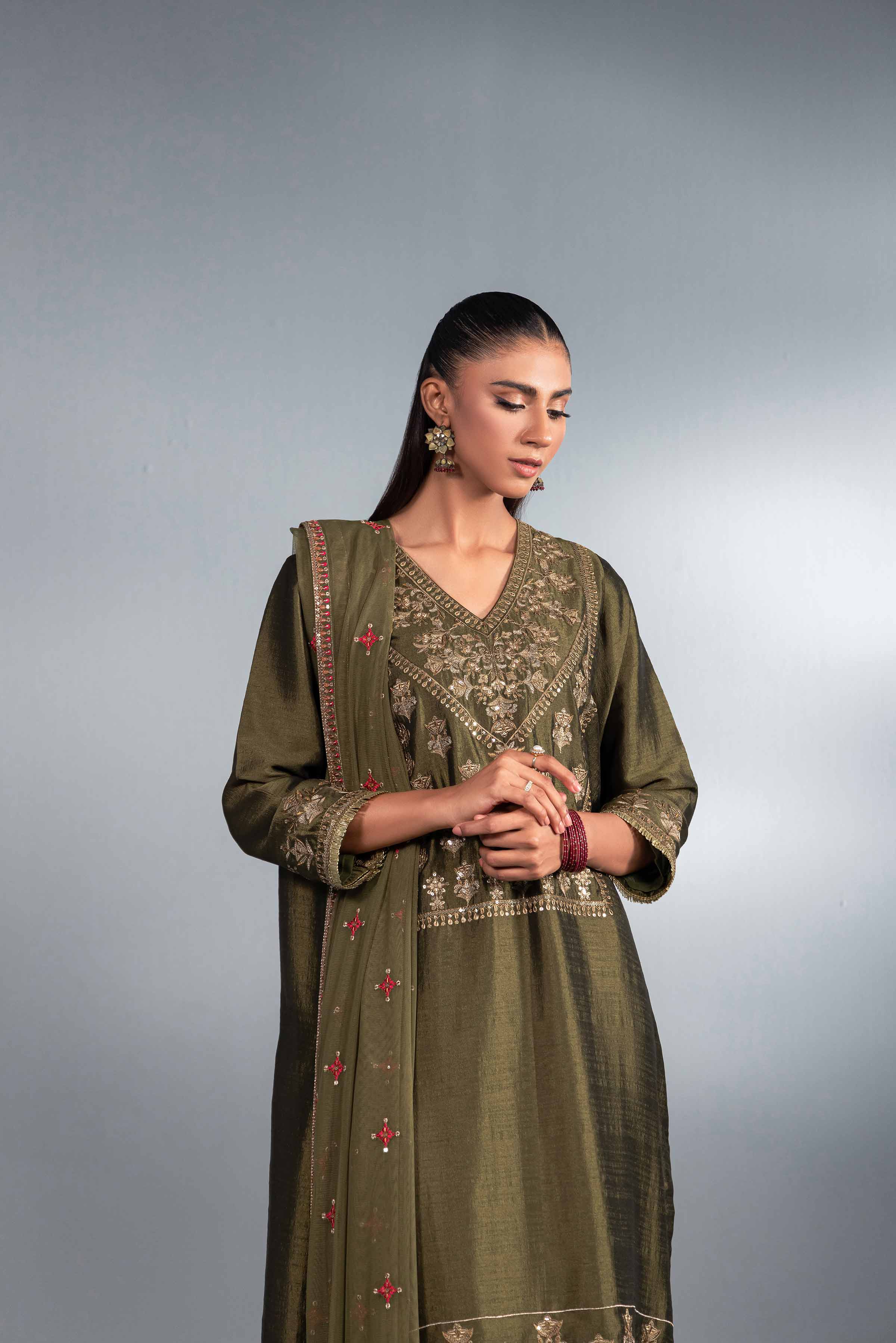 NishatUK - Brown Embroidered  Silk 3-piece ready to wear Suit